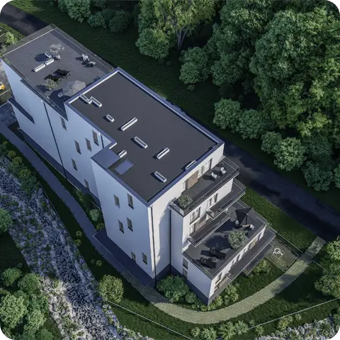 Wizualizacji inwestycji Nad Kamieniczanką Bielsko-Biała Kochanowskiego od strony północnej z lotu ptaka