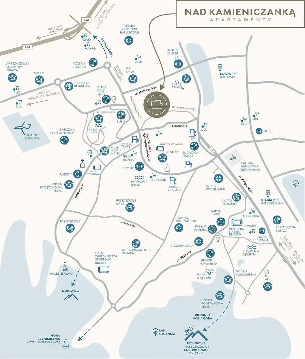 Mapa okolicy inwestycji Nad Kamieniczanką Bielsko-Biała Kochanowskiego