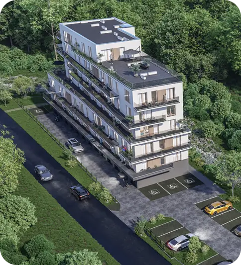 Wizualizacji inwestycji Nad Kamieniczanką Bielsko-Biała Kochanowskiego od strony północnej z lotu ptaka